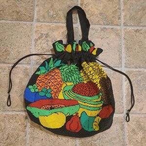 Vintage 70s Beaded Fruit Hobo Drawstring Bag Tote